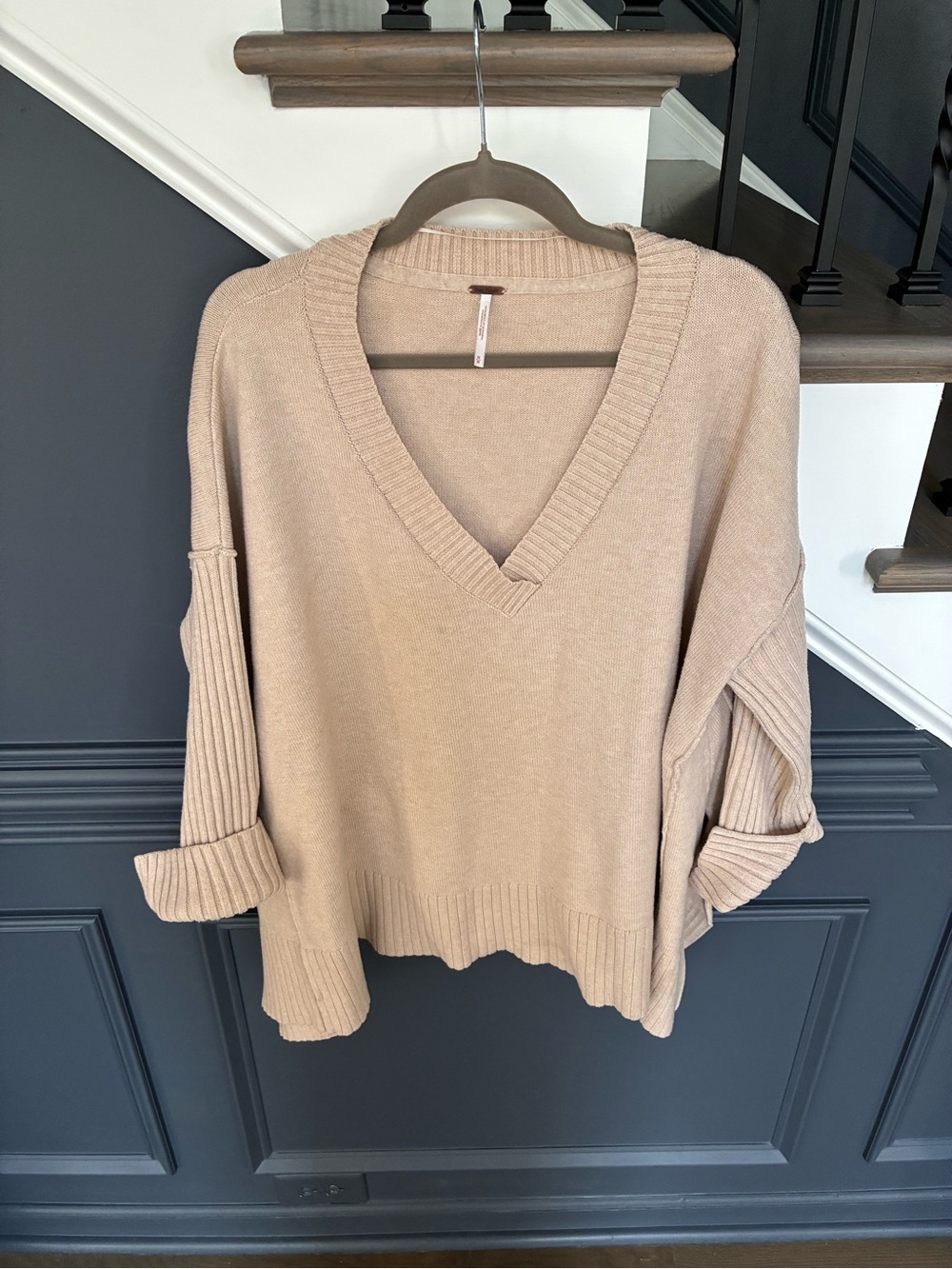 Free People Oversized V-Neck Sweater in Taupe